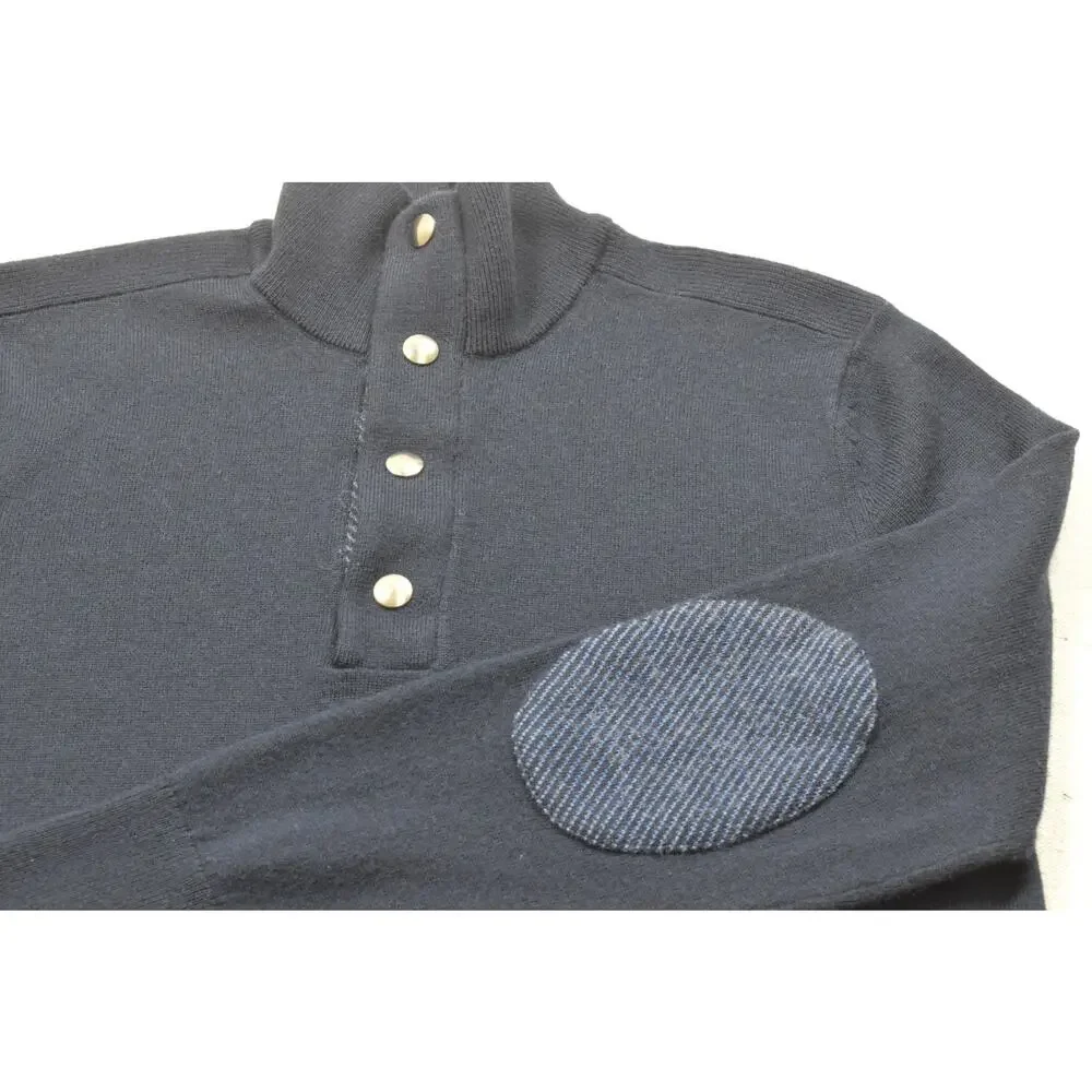 Banana Republic Sweater S Mens Blue Merino Wool Blend Button Mock Neck Elbow Pat